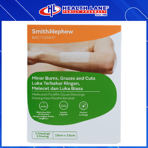 SMITH & NEPHEW BACTIGRAS ANTISEPTIC PARAFFIN DRESSING 10CMx10CM (3'S) SMITH & NEPHEW BACTIGRAS ANTISEPTIC PARAFFIN DRESSING 10CMx10CM (3'S)